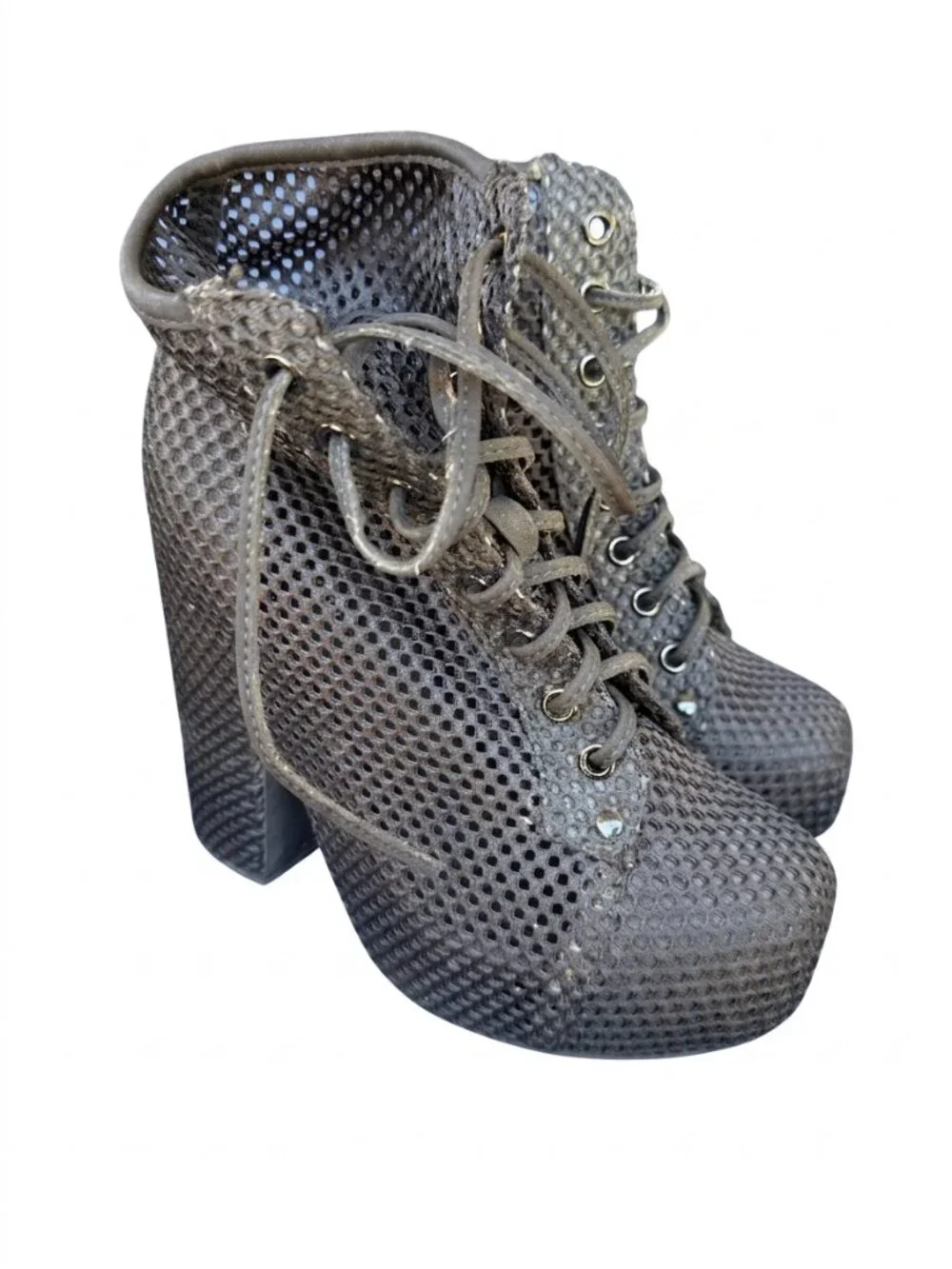 Jeffrey Campbell Lita Fishnet Platform Boots 7M Black Lace Up Goth Indie Sleaze